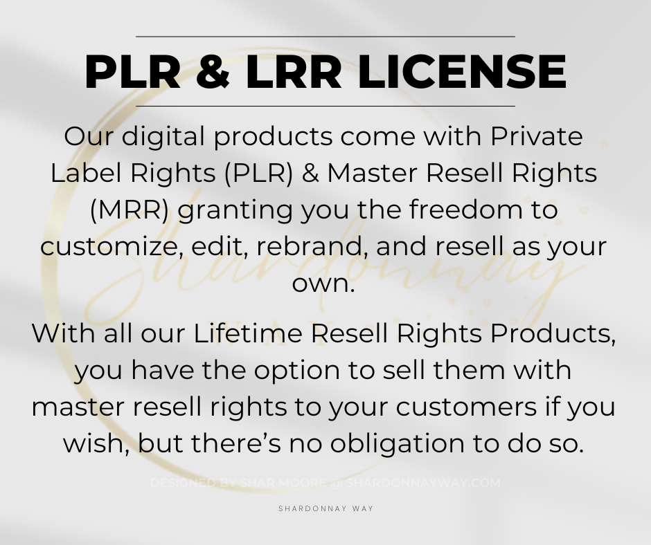 An image with text about Setting Up Your Shopify Store for eCommerce success, highlighting Private Label Rights (PLR) and Master Resell Rights (MRR) enabling customization, editing, and reselling. The background is light gray with a Shardonnay Way watermark.