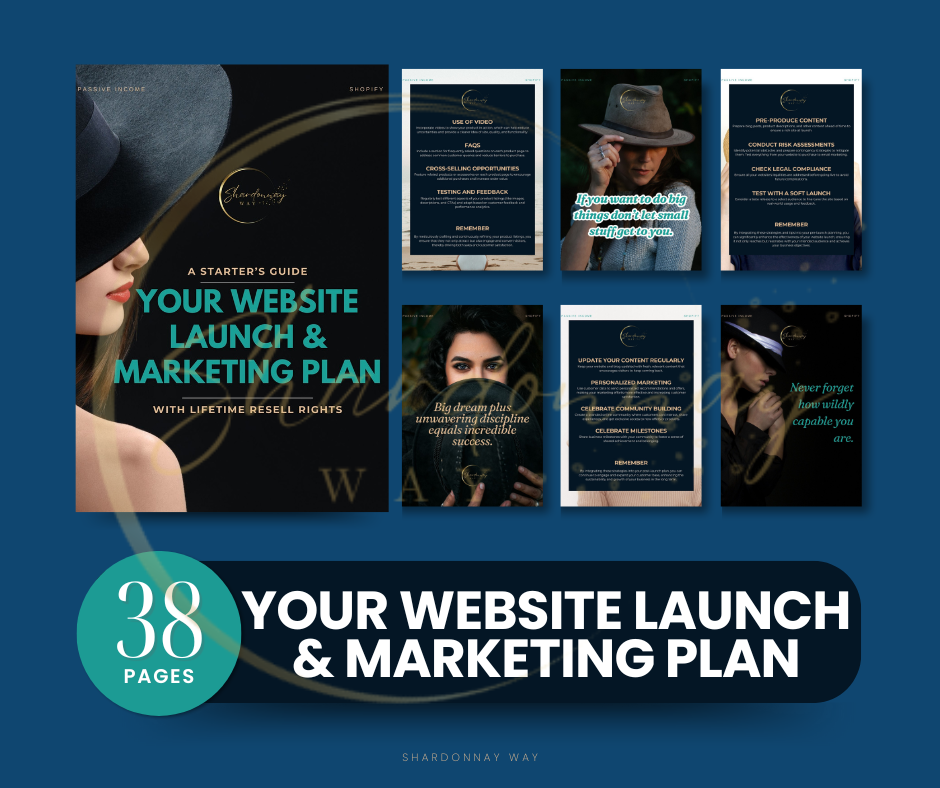 A promotional graphic for a "Your Website Launch & Marketing Plan" featuring snippets of the 38-page guide, interspersed with images of a stylish hat, a typewriter, and a determined woman by Shardonnay Way ✨✨.