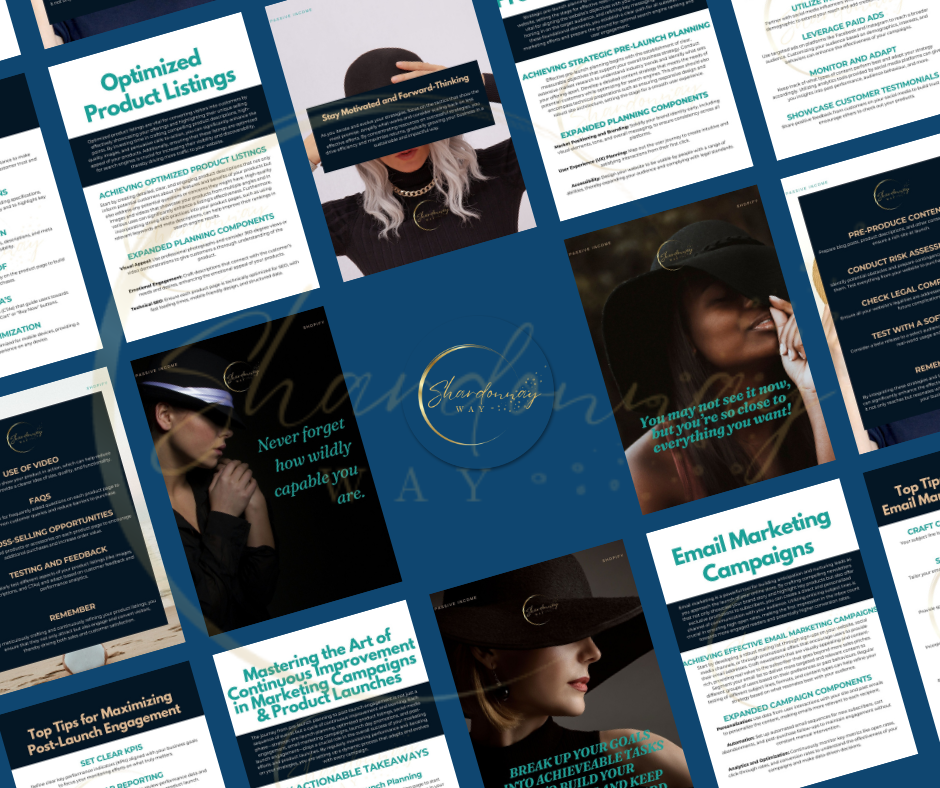 A collage of various business-themed social media posts, featuring text overlays on images with professional women, inspirational quotes, and digital entrepreneurship tips, primarily in shades of blue and green from Shardonnay Way's 🔥Your Website Launch & Marketing Plan🔥.