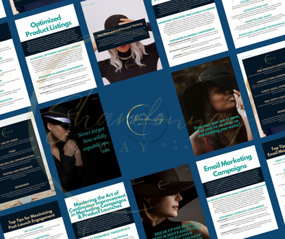 A collage of various business-themed social media posts, featuring text overlays on images with professional women, inspirational quotes, and digital entrepreneurship tips, primarily in shades of blue and green from Shardonnay Way's 🔥Your Website Launch & Marketing Plan🔥.