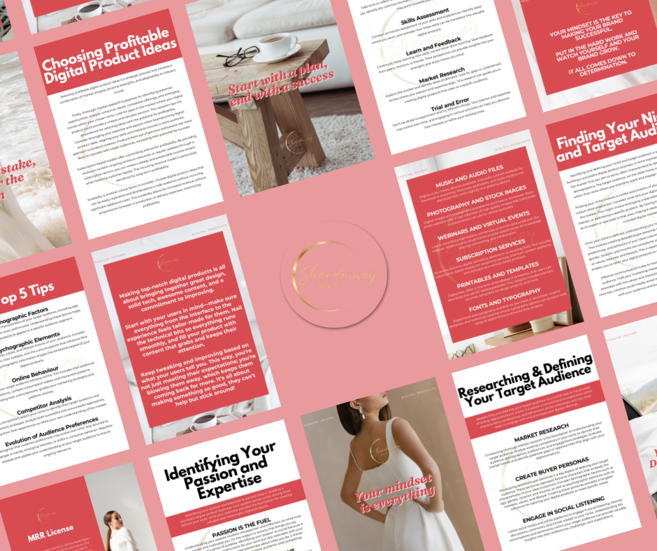 A collage of various pink-themed informational posters and documents related to "How to Sell Digital Products Online" by Shardonnay Way ✨✨, arranged in a grid format with a central logo.