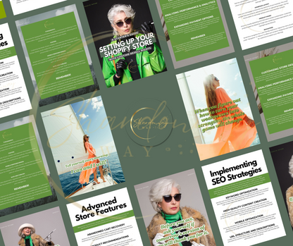 Collage of diverse digital marketing and eCommerce success webinars and tutorials featuring various presenters and topics like SEO strategies and Shardonnay Way's Setting Up Your Shopify Store, overlaid on a green abstract background.