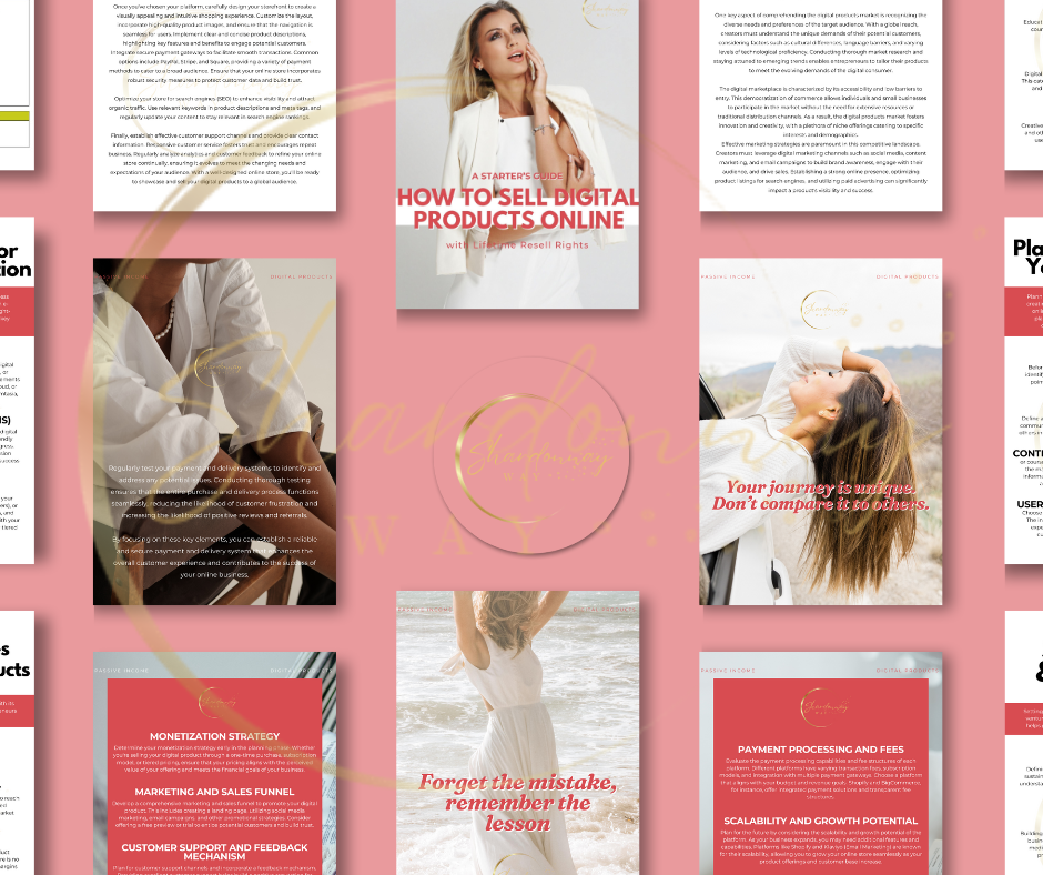 A collage of various magazine covers featuring "How to Sell Digital Products Online" by Shardonnay Way ✨✨, diverse themes about digital entrepreneurship, motivation, and empowerment, each with unique, elegant fonts and vibrant images.