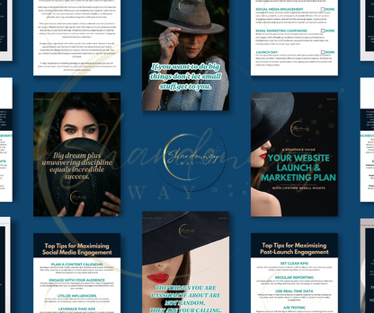 A collage of various graphic design templates and images, including portraits of people, text layouts, and marketing materials like the Shardonnay Way Your Website Launch & Marketing Plan for building a digital empire.