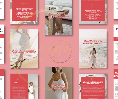 A collage of inspirational quotes and images including a woman walking on the beach, another in a flowing dress, and various phrases about success in digital entrepreneurship and mindset, styled in a pastel color scheme from How to Sell Digital Products Online by Shardonnay Way ✨✨.