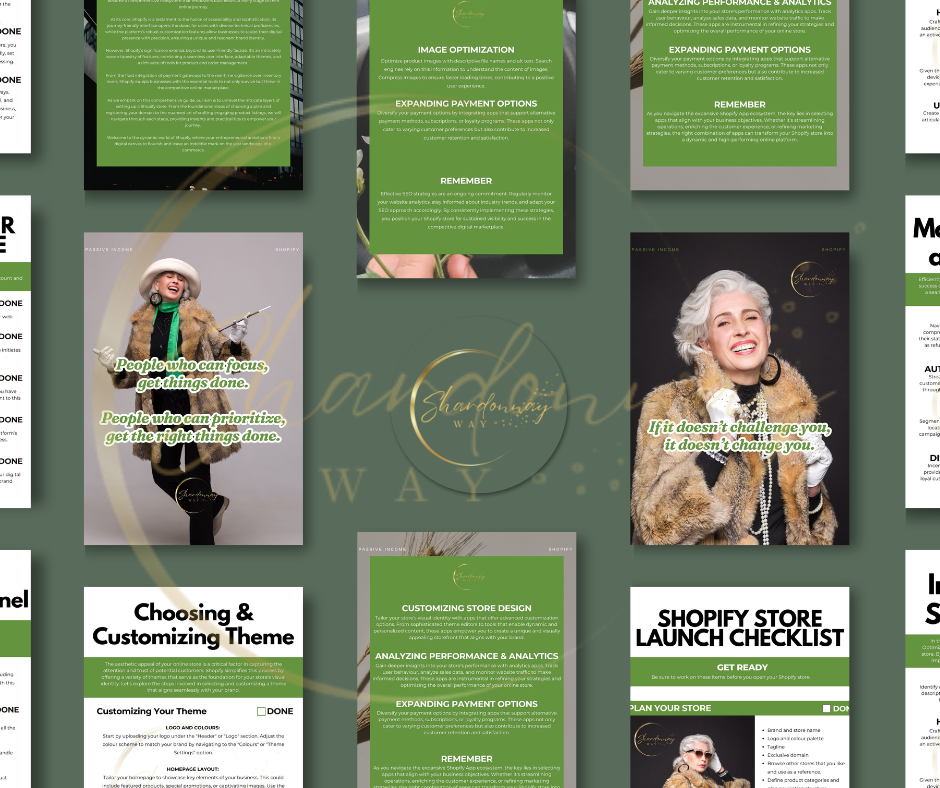 A collage displaying various graphic design samples including eCommerce websites, posters, and business cards for "Setting Up Your Shopify Store" by Shardonnay Way ✨✨, featuring stylish text, vibrant colors, and images of fashionable elderly individuals.