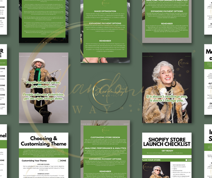 A collage displaying various graphic design samples including eCommerce websites, posters, and business cards for "Setting Up Your Shopify Store" by Shardonnay Way ✨✨, featuring stylish text, vibrant colors, and images of fashionable elderly individuals.