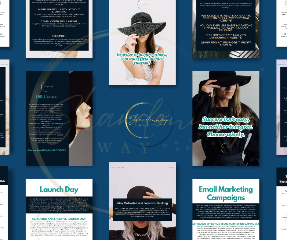 A collage of various images and text overlays showcasing professional designs including women wearing hats, digital entrepreneurship graphics for marketing, and stylish document layouts featuring Shardonnay Way's Your Website Launch & Marketing Plan. ✨✨
