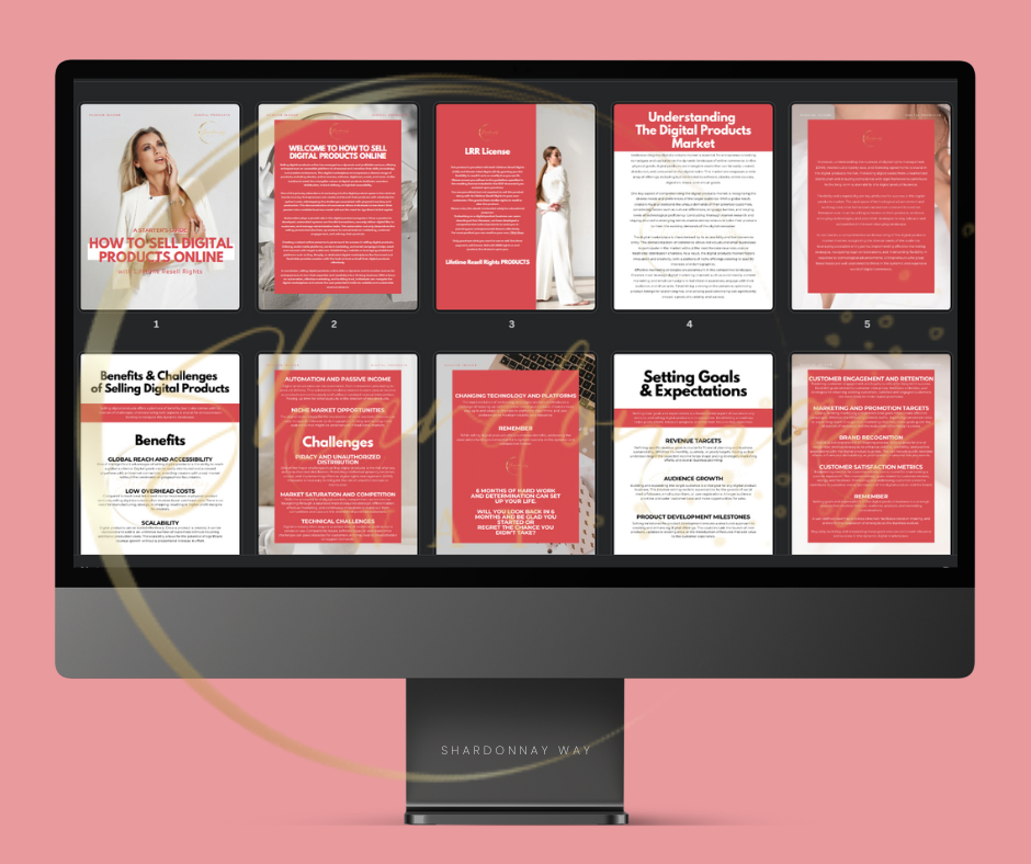 A computer monitor displaying a presentation with multiple slides on "How to Sell Digital Products Online" by Shardonnay Way, focusing on topics like benefits, challenges, and goals of selling digital products online. ✨✨