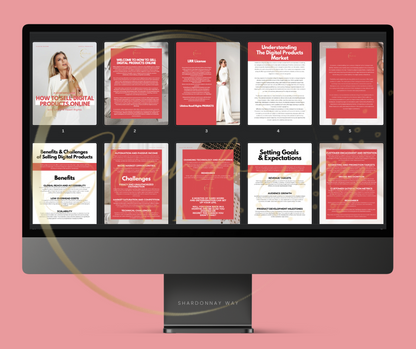 A computer monitor displaying a presentation with multiple slides on "How to Sell Digital Products Online" by Shardonnay Way, focusing on topics like benefits, challenges, and goals of selling digital products online. ✨✨