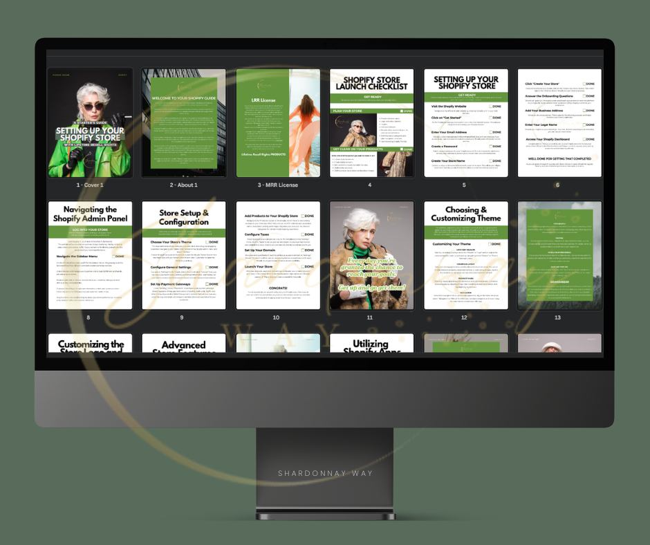 A Shardonnay Way computer monitor displays a website with multiple pages shown in a grid layout, featuring guides on "Setting Up Your Shopify Store." The design is professional with a green and white color scheme. ✨✨