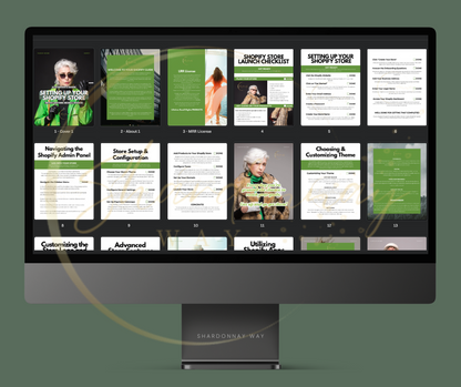 A Shardonnay Way computer monitor displays a website with multiple pages shown in a grid layout, featuring guides on "Setting Up Your Shopify Store." The design is professional with a green and white color scheme. ✨✨