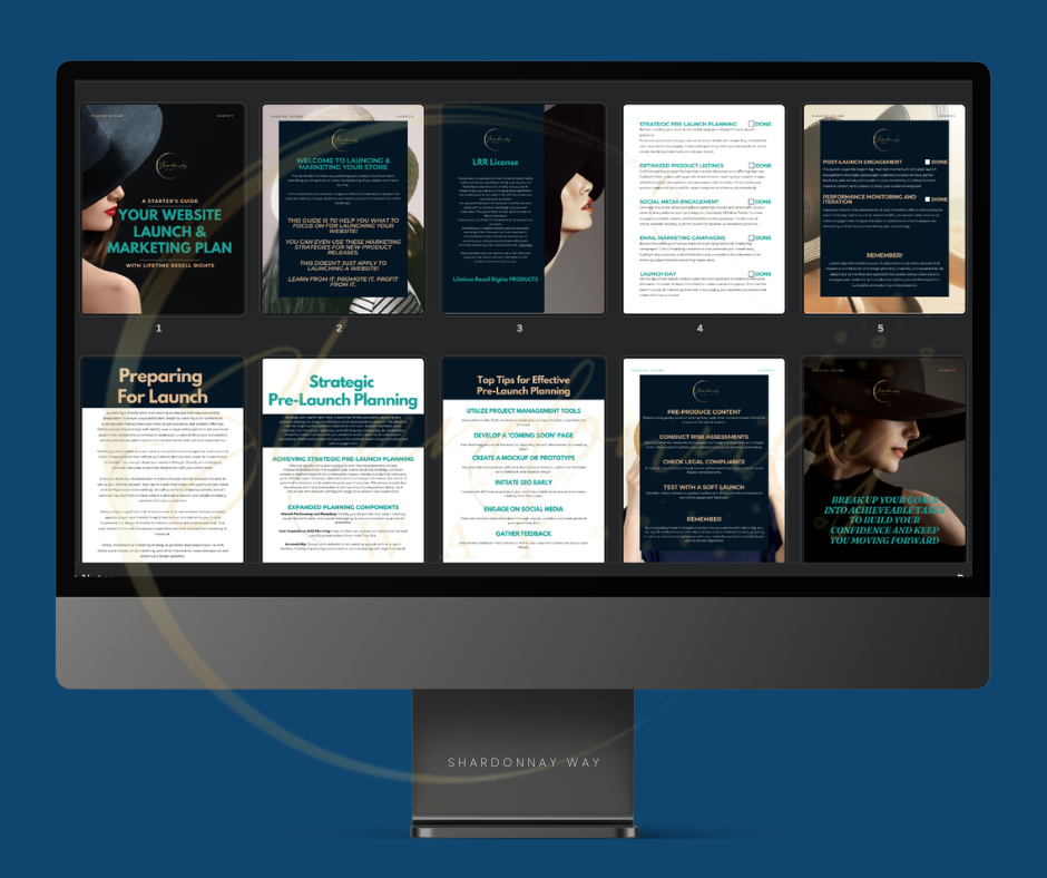 A Shardonnay Way digital display monitor showcasing Your Website Launch & Marketing Plan's various pages with text content in shades of dark blue and white. The monitor is labeled "Launching Your Website" at its base.